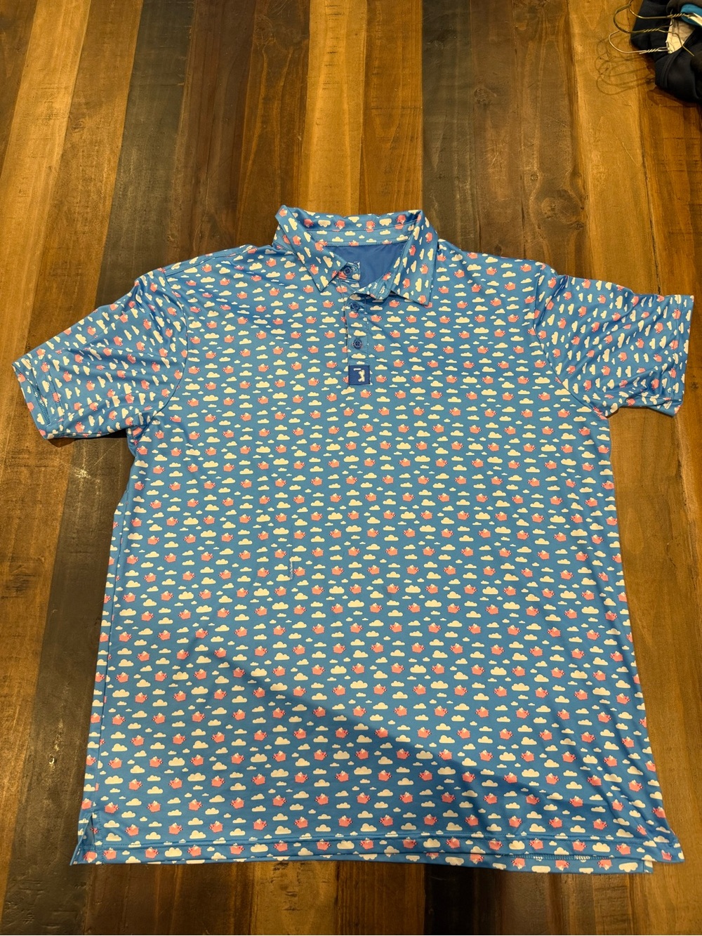Light Blue Short-Sleeve Polo with Pink & White Cloud Print